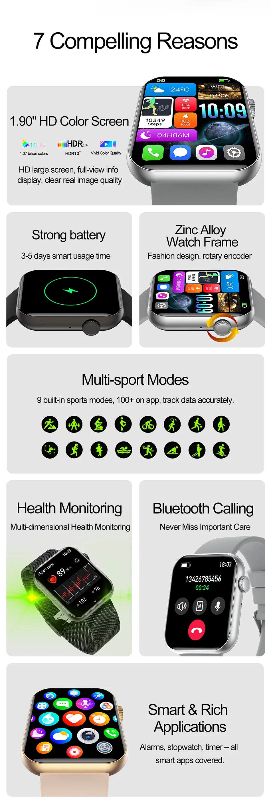 2025 Smartwatch 1.9" HD – Bluetooth Call, Heart Rate, Waterproof Fitness Watch