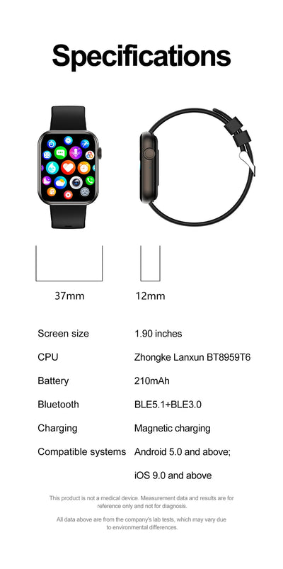 2025 Smartwatch 1.9" HD – Bluetooth Call, Heart Rate, Waterproof Fitness Watch